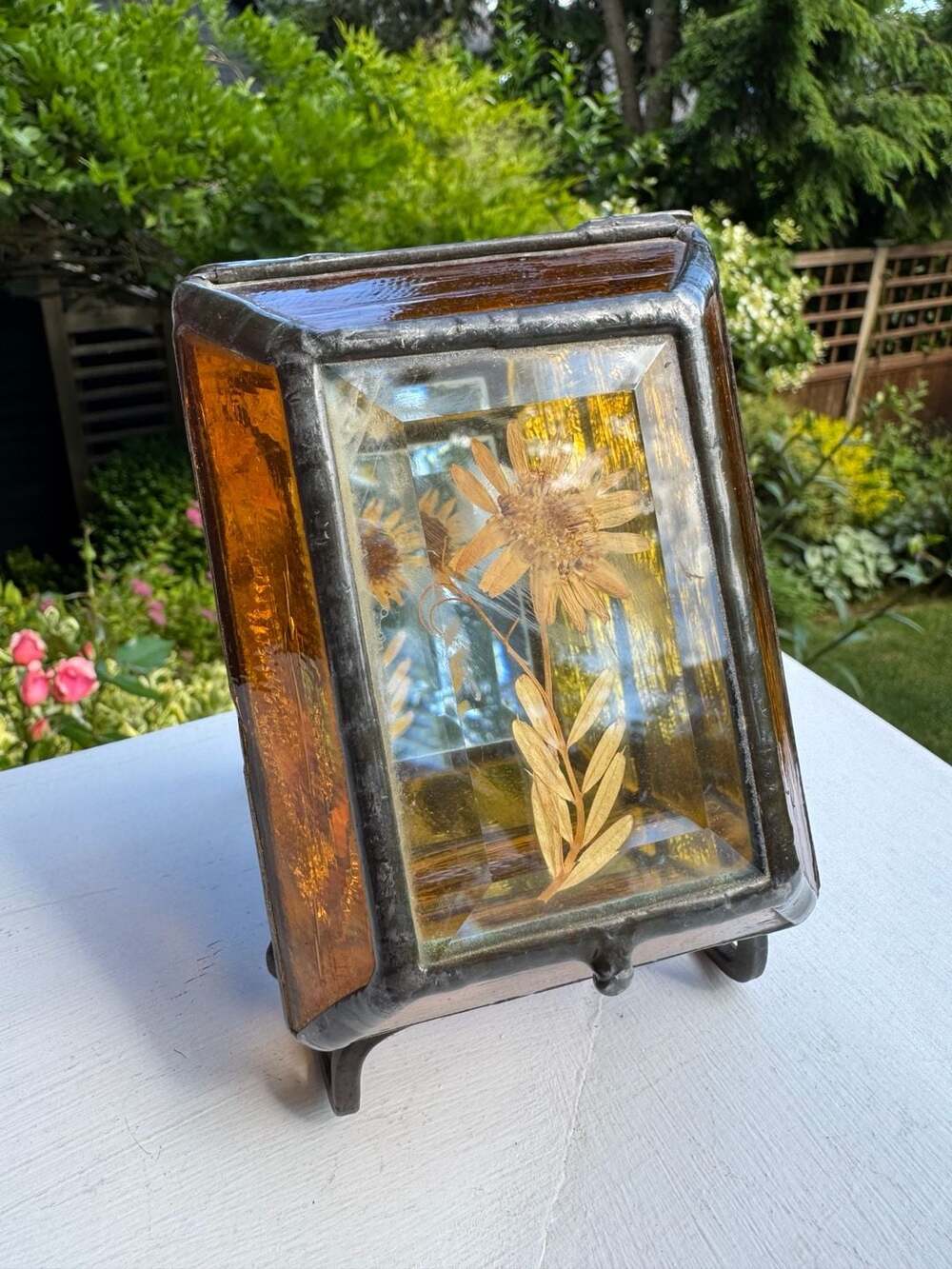 Vintage Amber Stained Glass Jewelry Box with Pressed Flower Lid